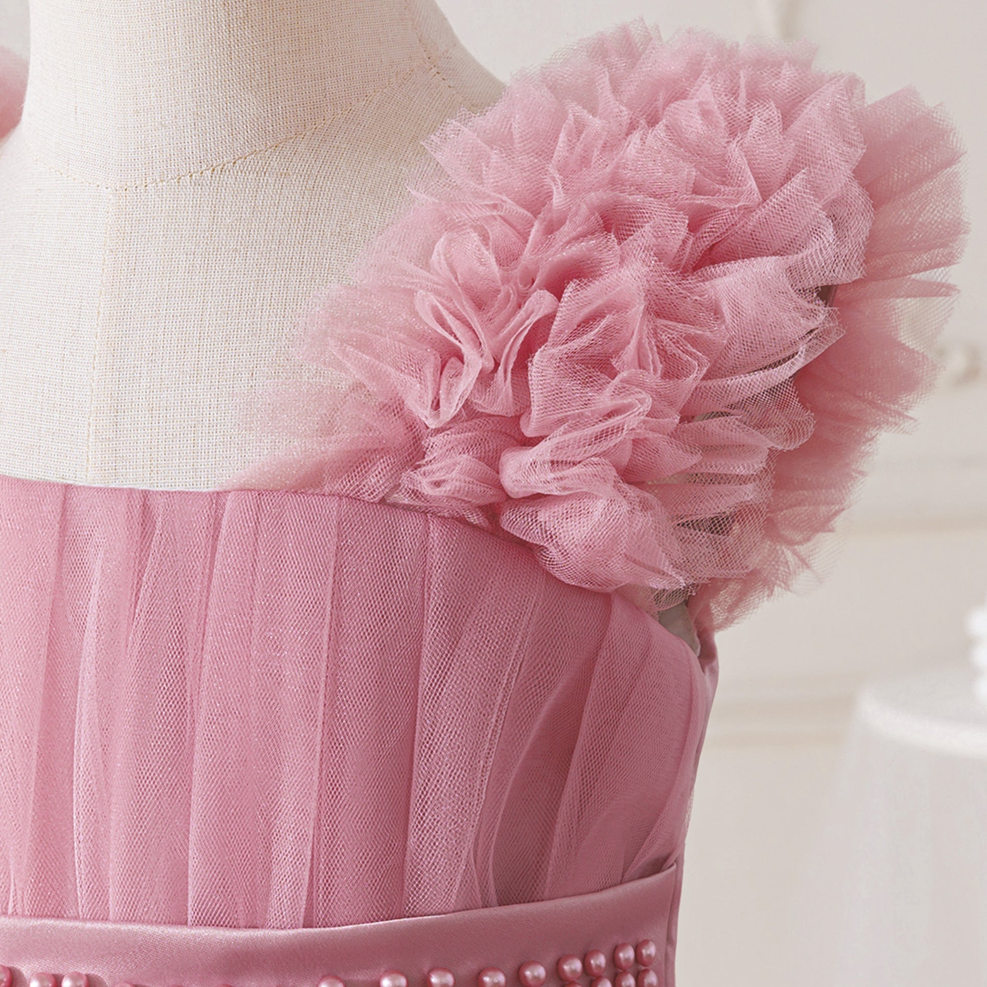 Young Girls' Thick Strap Pleated Mesh Elegant Gown Ball Party Dress, Suitable For Flower Girl, Wedding, Graduation, Prom