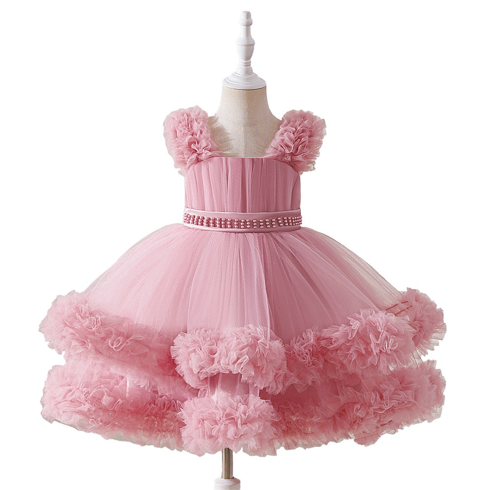 Young Girls' Thick Strap Pleated Mesh Elegant Gown Ball Party Dress, Suitable For Flower Girl, Wedding, Graduation, Prom