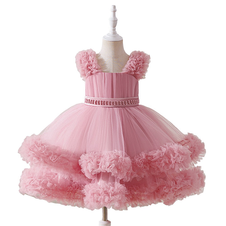 Young Girls' Thick Strap Pleated Mesh Elegant Gown Ball Party Dress, Suitable For Flower Girl, Wedding, Graduation, Prom