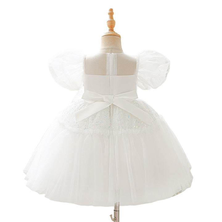 Sequins O-Neck Little Girl Dance Dress- Bow Decoration Dress for Teen Princess Birthday