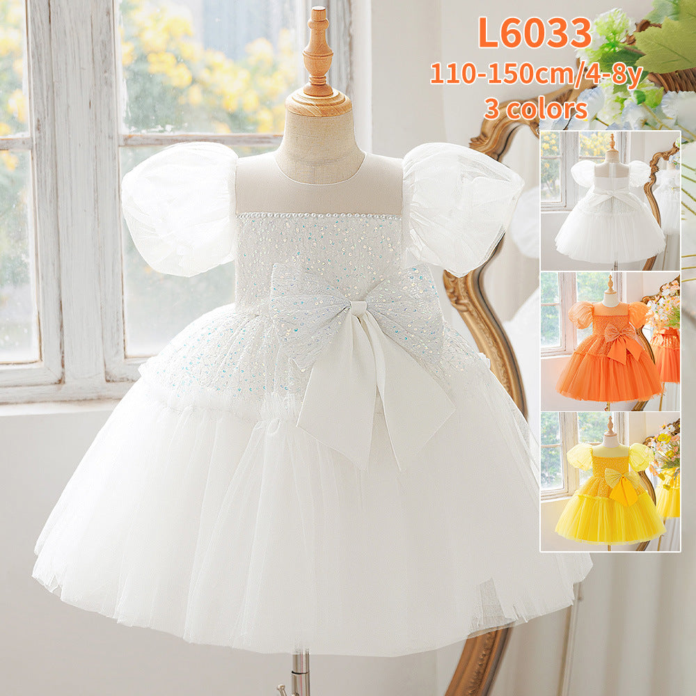 Sequins O-Neck Little Girl Dance Dress- Bow Decoration Dress for Teen Princess Birthday