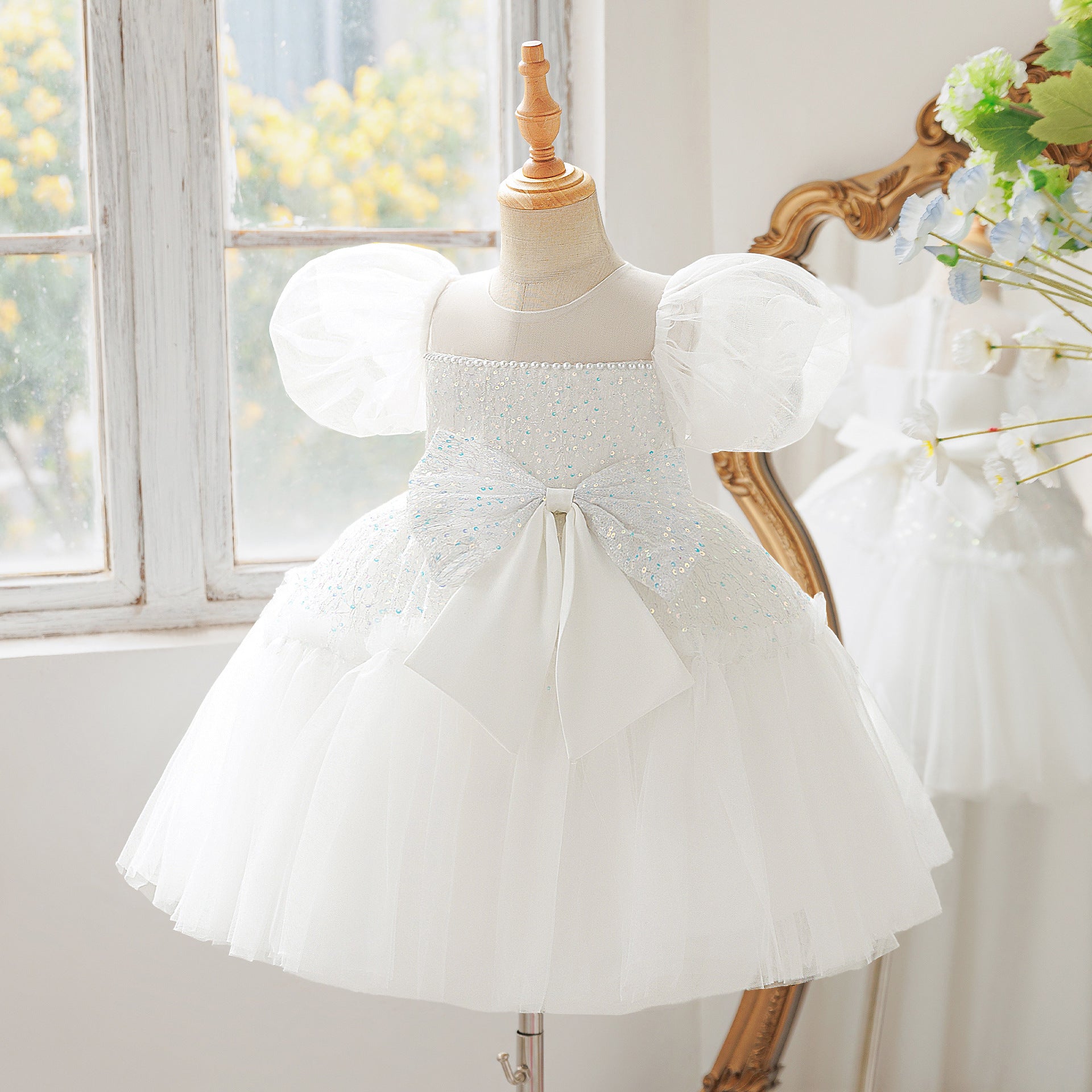 Sequins O-Neck Little Girl Dance Dress- Bow Decoration Dress for Teen Princess Birthday