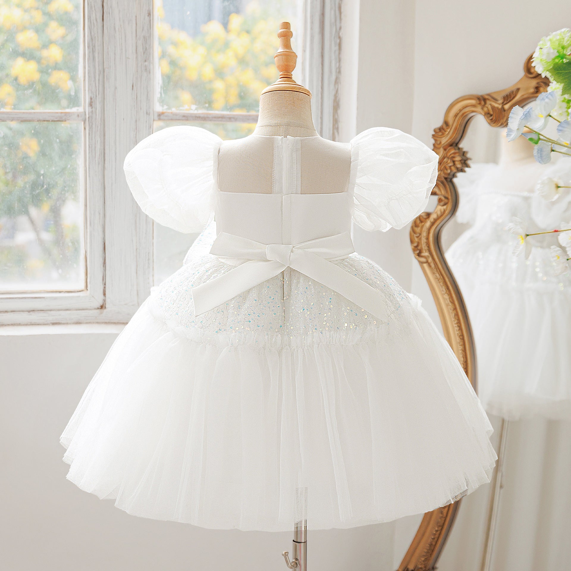 Sequins O-Neck Little Girl Dance Dress- Bow Decoration Dress for Teen Princess Birthday