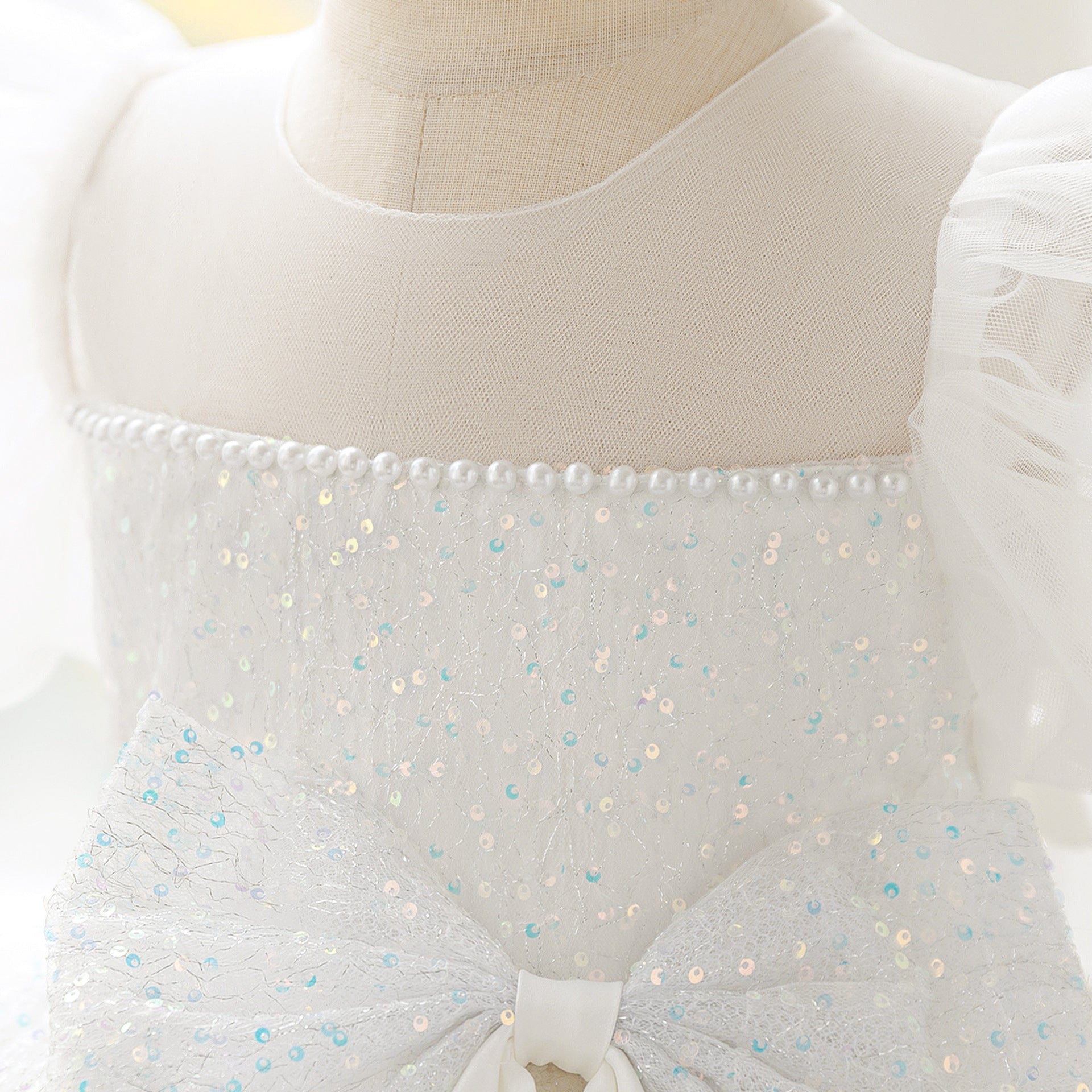 Sequins O-Neck Little Girl Dance Dress- Bow Decoration Dress for Teen Princess Birthday