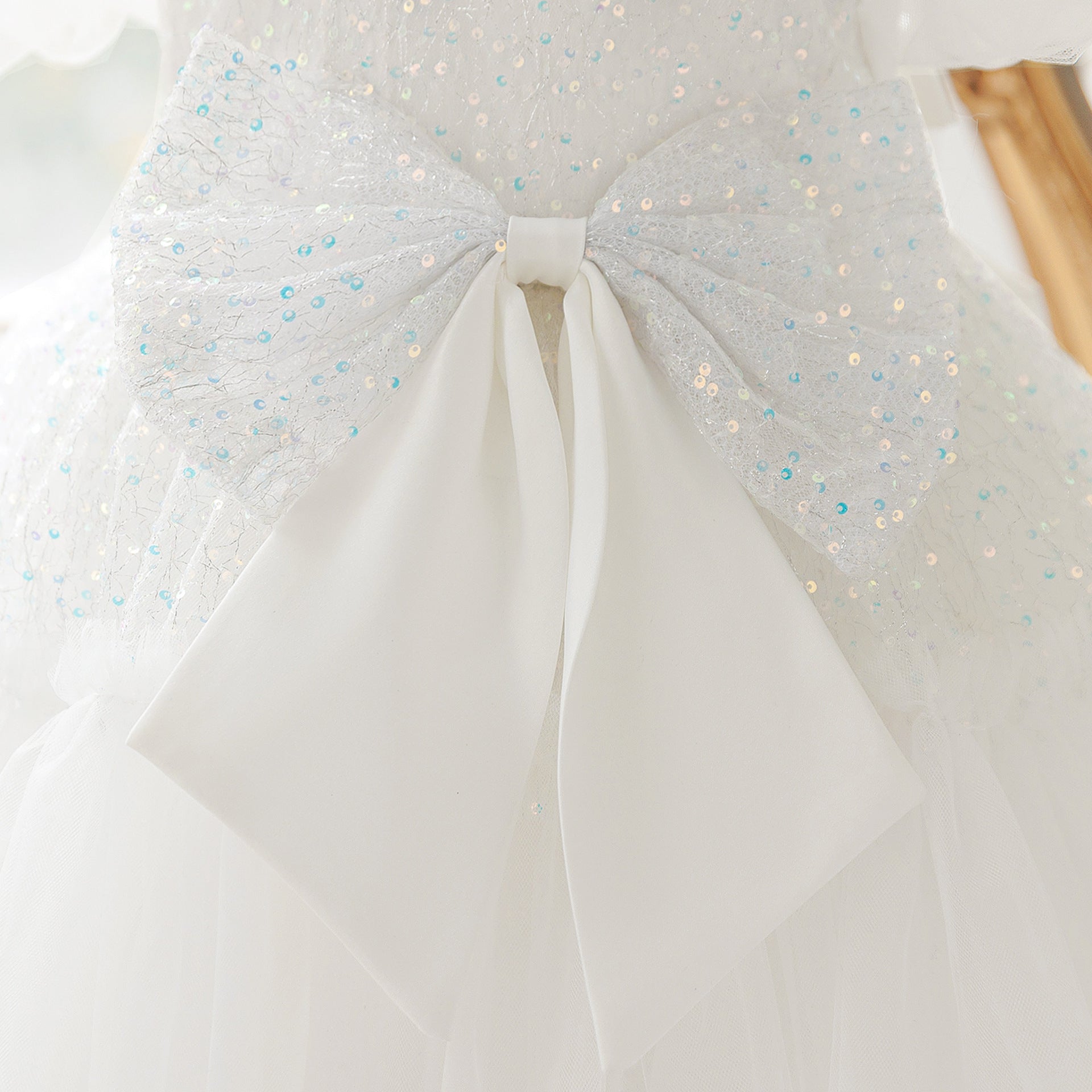 Sequins O-Neck Little Girl Dance Dress- Bow Decoration Dress for Teen Princess Birthday