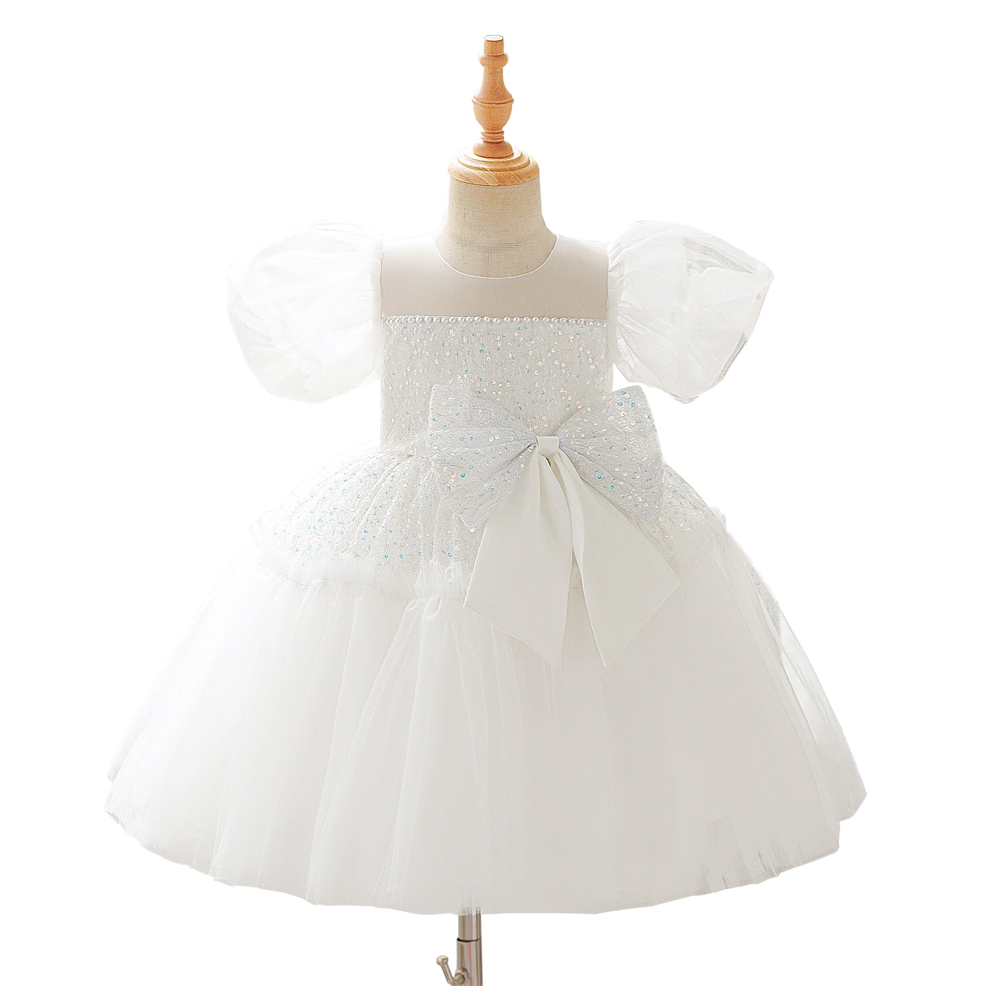 Sequins O-Neck Little Girl Dance Dress- Bow Decoration Dress for Teen Princess Birthday