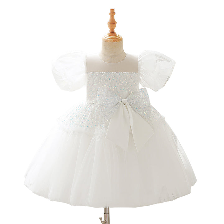 Sequins O-Neck Little Girl Dance Dress- Bow Decoration Dress for Teen Princess Birthday