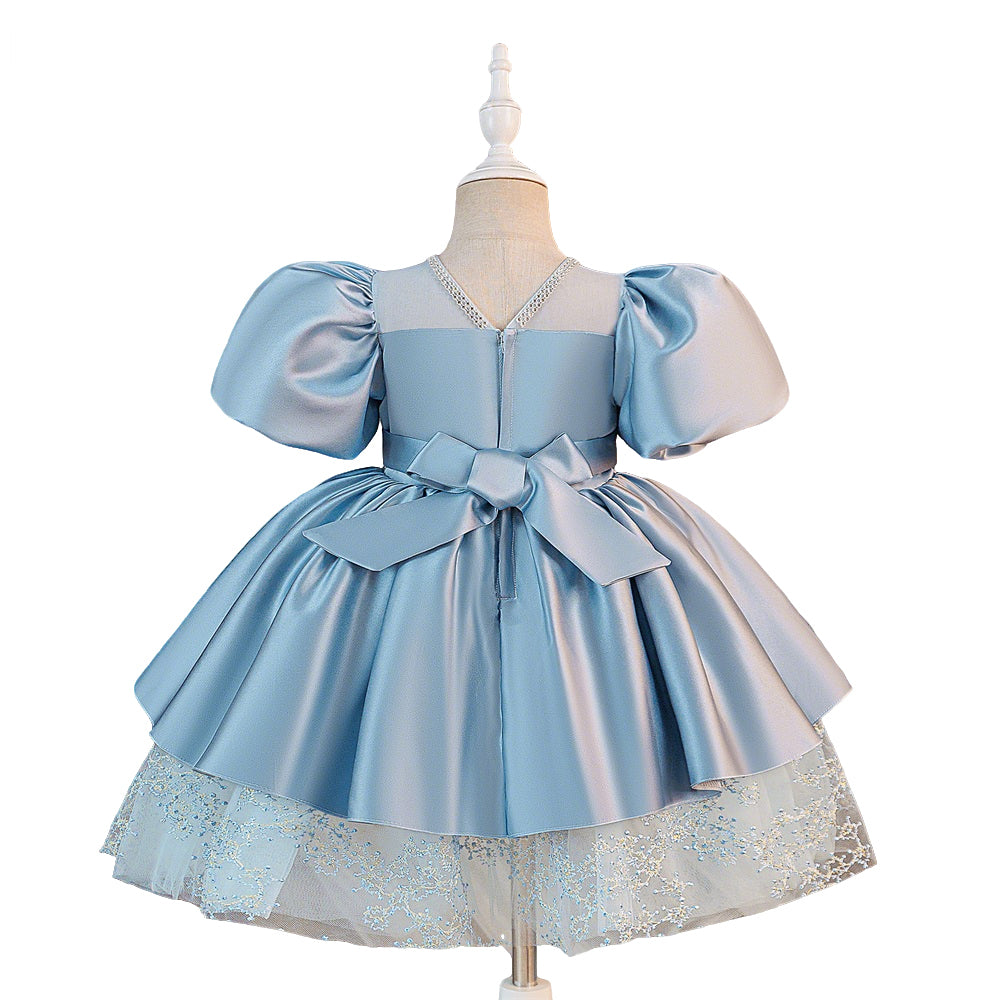 A-Line Solid Short Sleeve with O-Neck and Bow Decoration for Summer Teen Girls Party Blue Dress