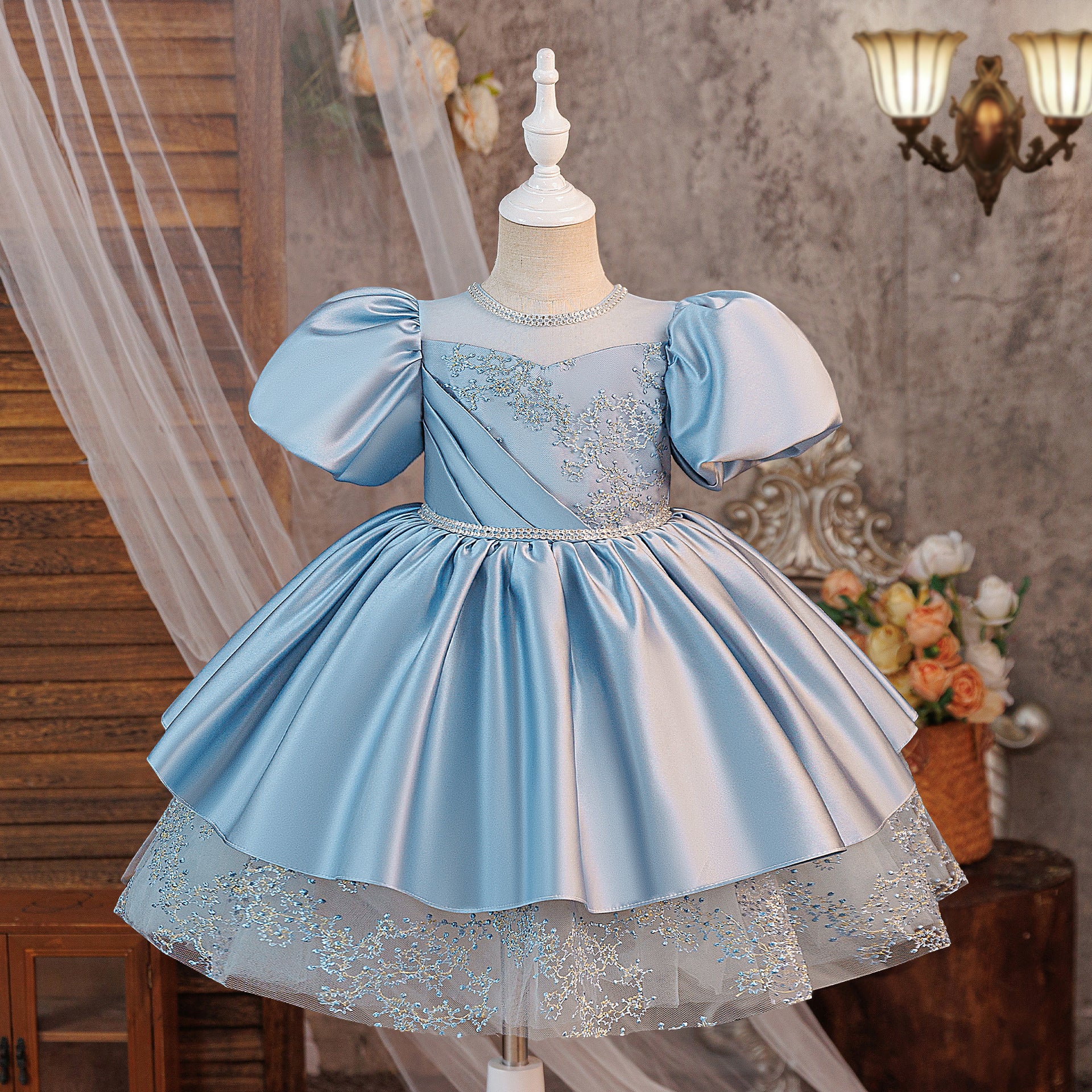 A-Line Solid Short Sleeve with O-Neck and Bow Decoration for Summer Teen Girls Party Blue Dress