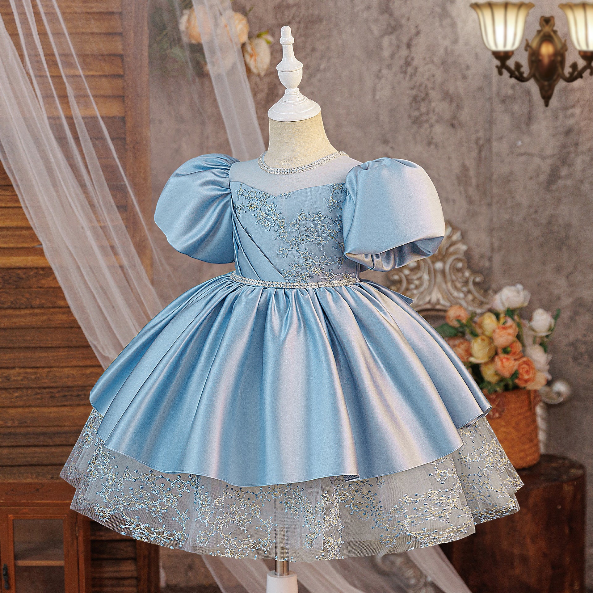 A-Line Solid Short Sleeve with O-Neck and Bow Decoration for Summer Teen Girls Party Blue Dress