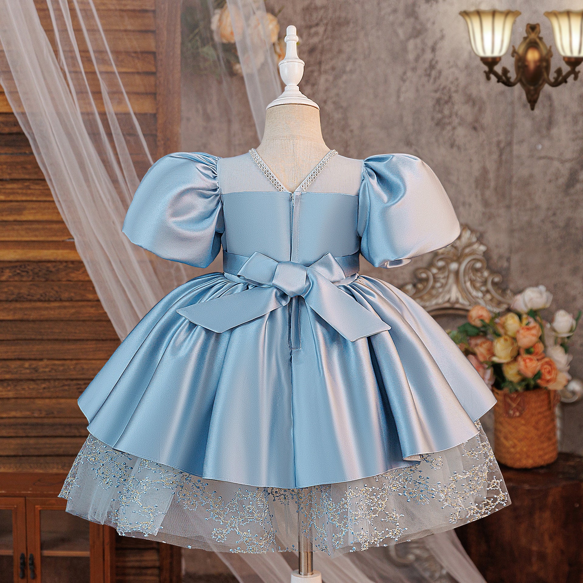A-Line Solid Short Sleeve with O-Neck and Bow Decoration for Summer Teen Girls Party Blue Dress