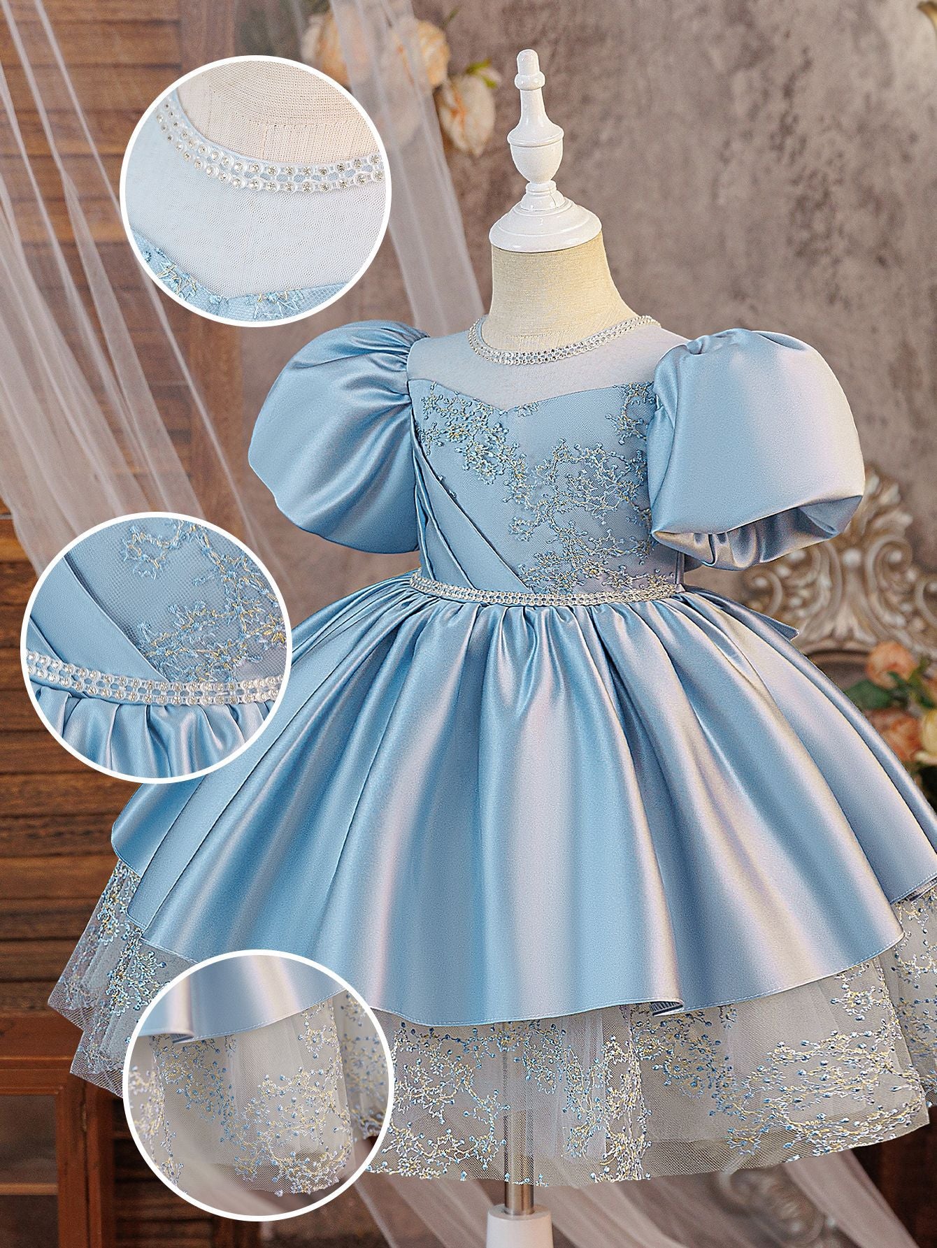 A-Line Solid Short Sleeve with O-Neck and Bow Decoration for Summer Teen Girls Party Blue Dress