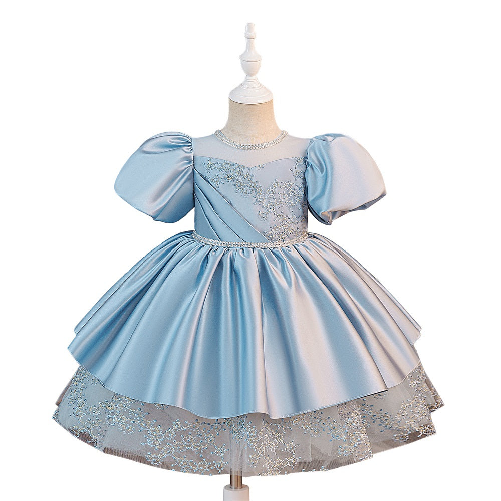 A-Line Solid Short Sleeve with O-Neck and Bow Decoration for Summer Teen Girls Party Blue Dress