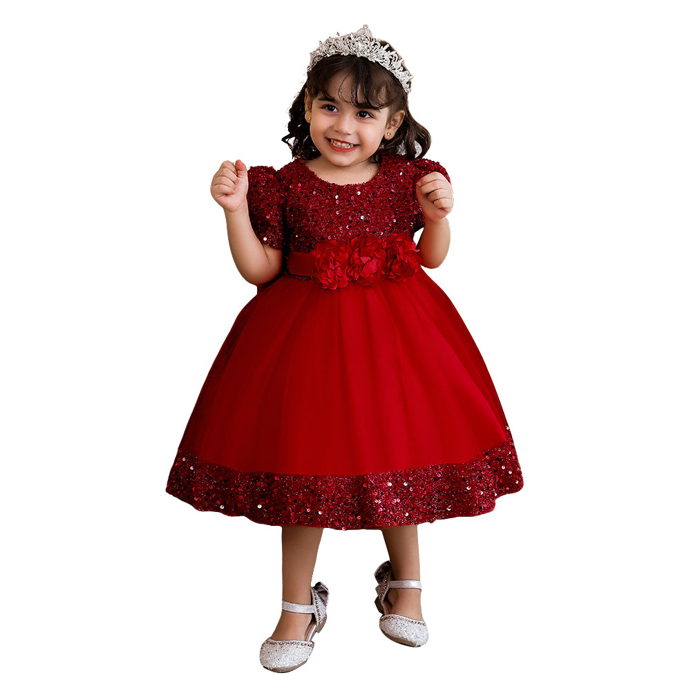 Summer Girls Sequined  Short Sleeve Princess Birthday Party Dress for  Baby