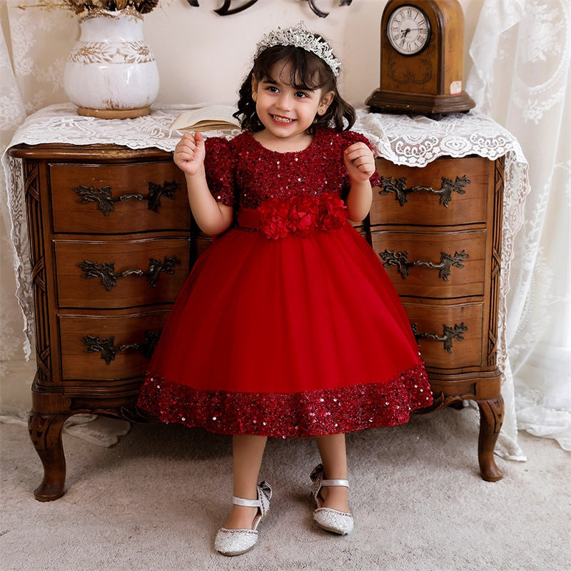 Summer Girls Sequined  Short Sleeve Princess Birthday Party Dress for  Baby