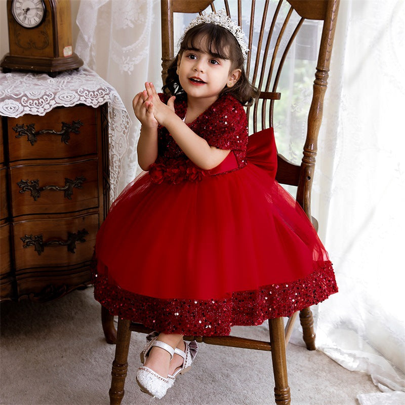 Summer Girls Sequined  Short Sleeve Princess Birthday Party Dress for  Baby