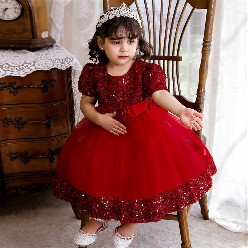 Summer Girls Sequined  Short Sleeve Princess Birthday Party Dress for  Baby