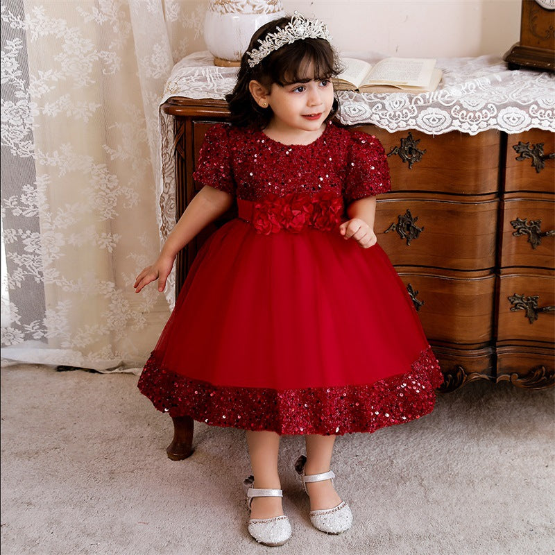 Summer Girls Sequined  Short Sleeve Princess Birthday Party Dress for  Baby