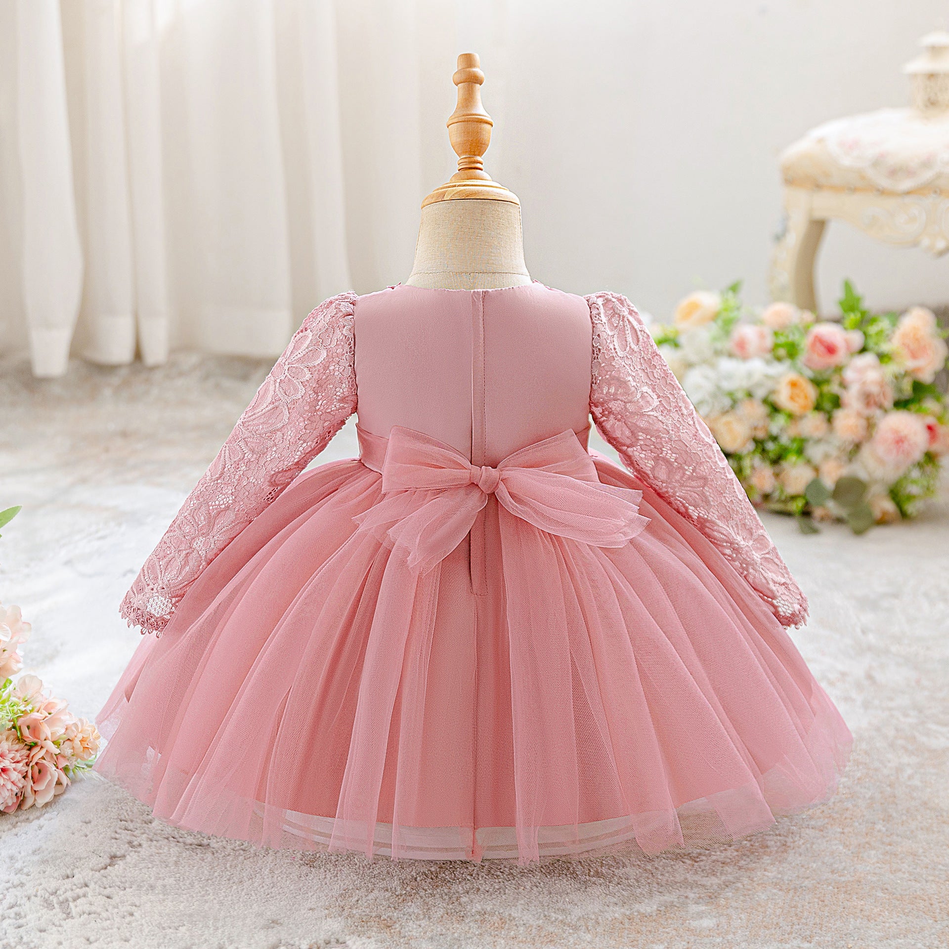 Toddler Princess Girl Dress- Long-sleeved Lace  Performance Pink Dress