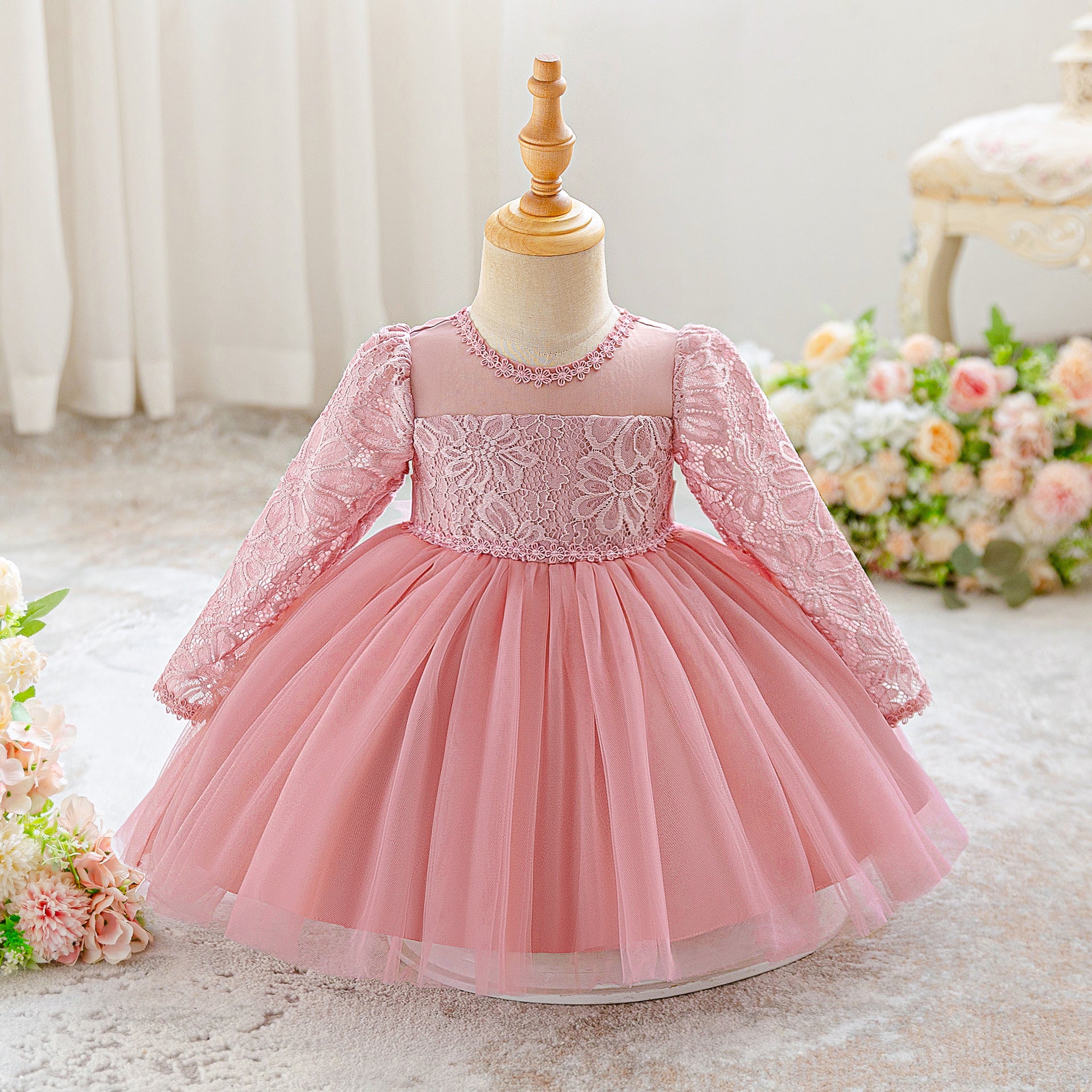 Toddler Princess Girl Dress- Long-sleeved Lace  Performance Pink Dress