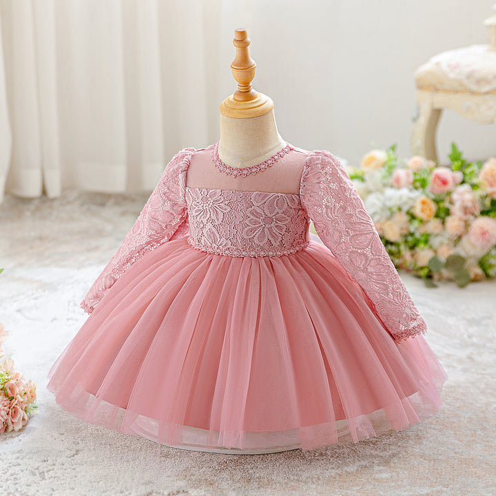 Toddler Princess Girl Dress- Long-sleeved Lace  Performance Pink Dress
