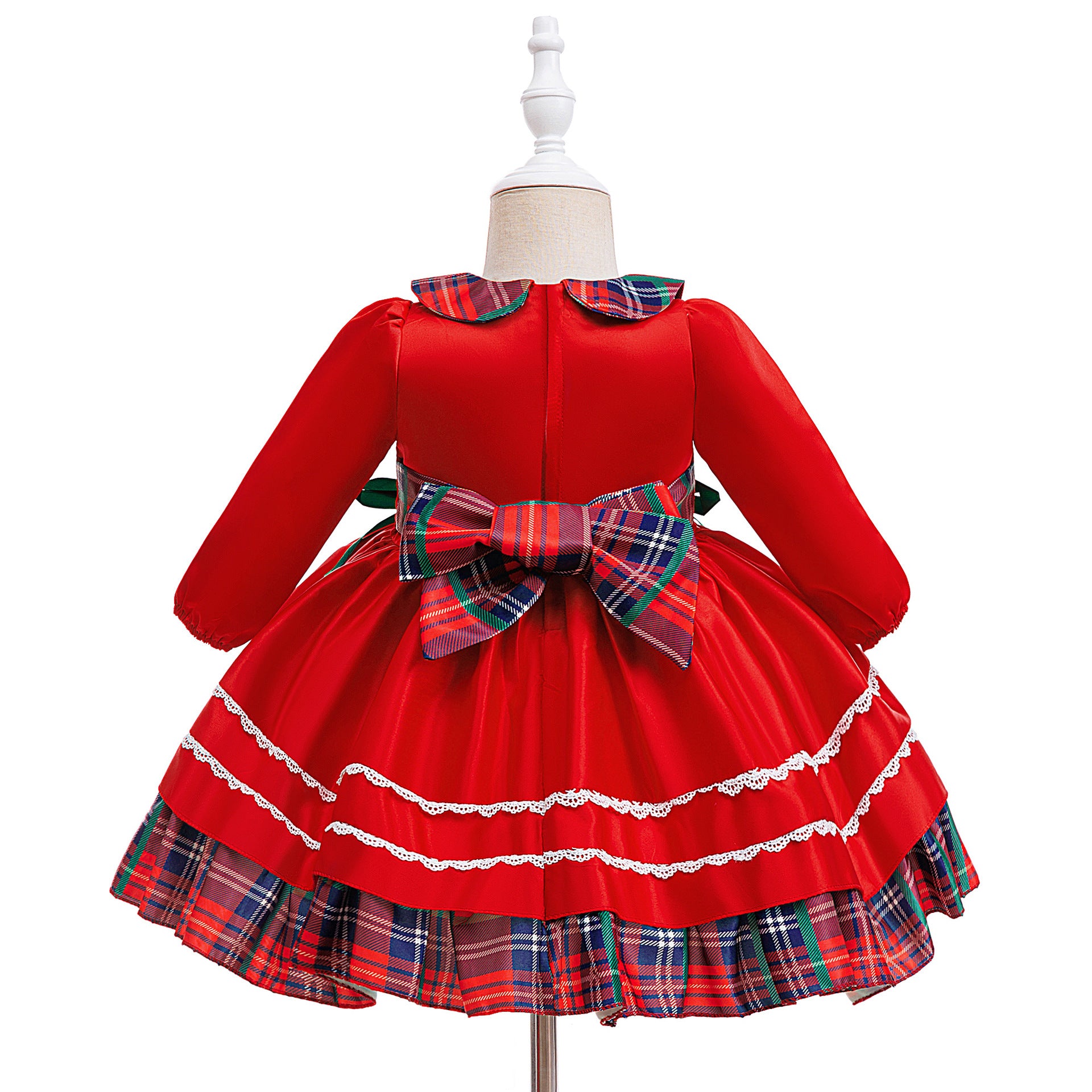 Girl Satin Dress for Baptism and Christmas with O-Neck Collar Print Featuring Bow Decoration