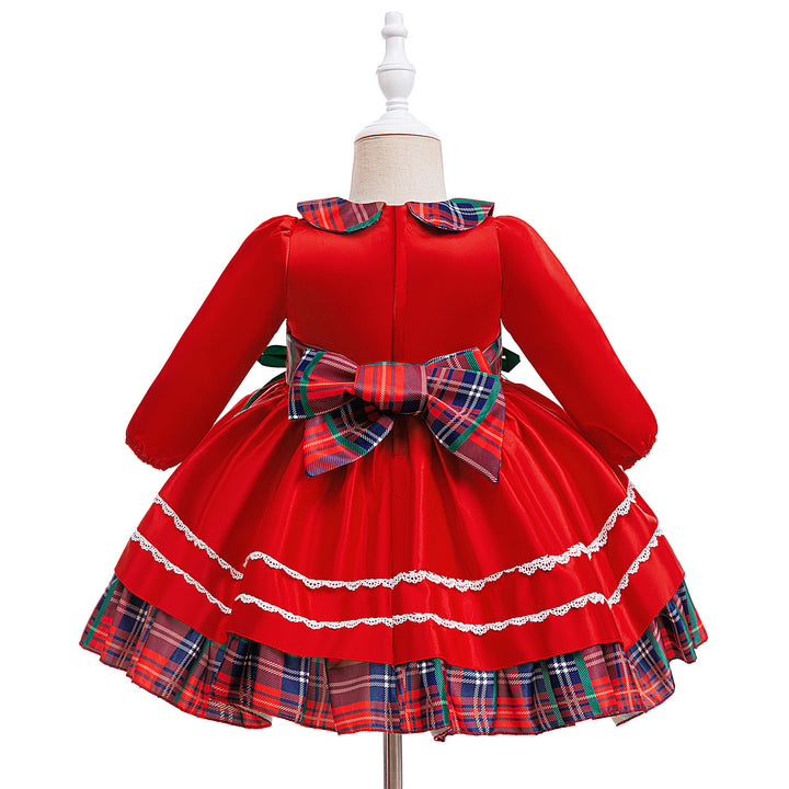 Girl Satin Dress for Baptism and Christmas with O-Neck Collar Print Featuring Bow Decoration