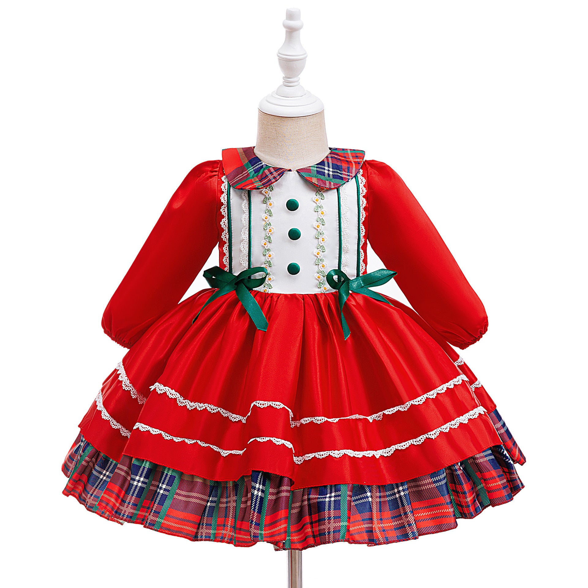 Girl Satin Dress for Baptism and Christmas with O-Neck Collar Print Featuring Bow Decoration