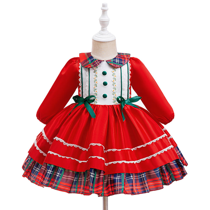 Girl Satin Dress for Baptism and Christmas with O-Neck Collar Print Featuring Bow Decoration