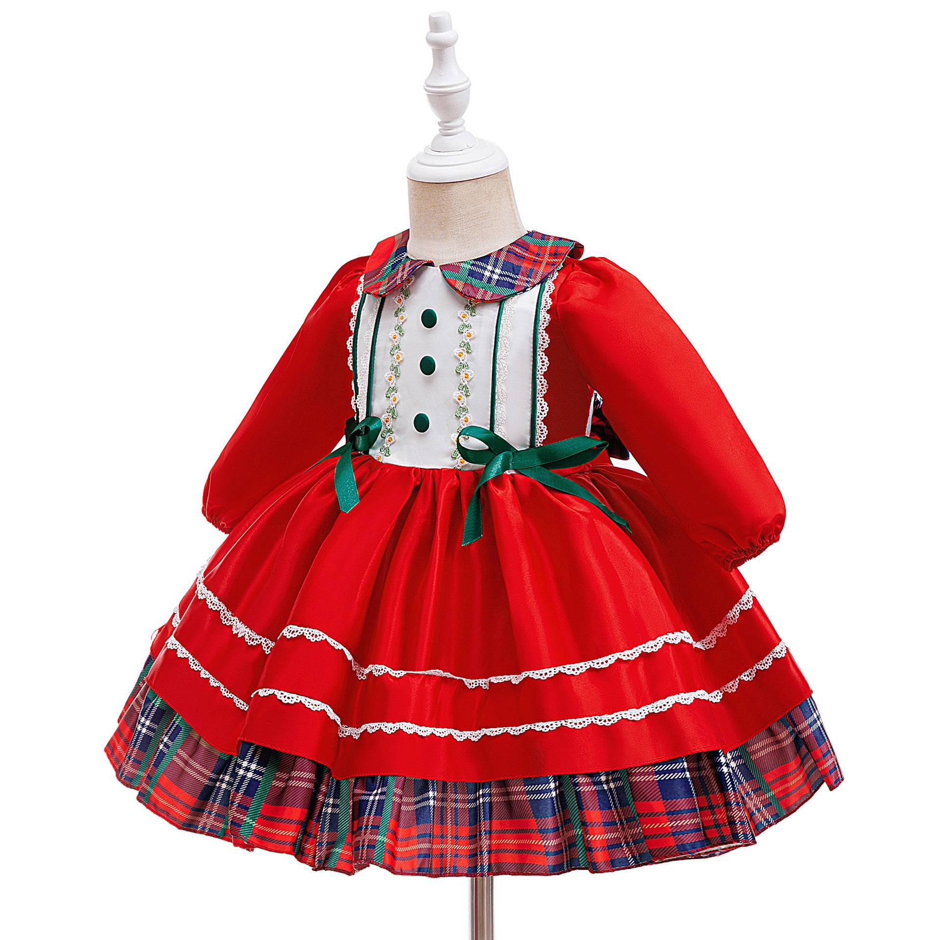 Girl Satin Dress for Baptism and Christmas with O-Neck Collar Print Featuring Bow Decoration
