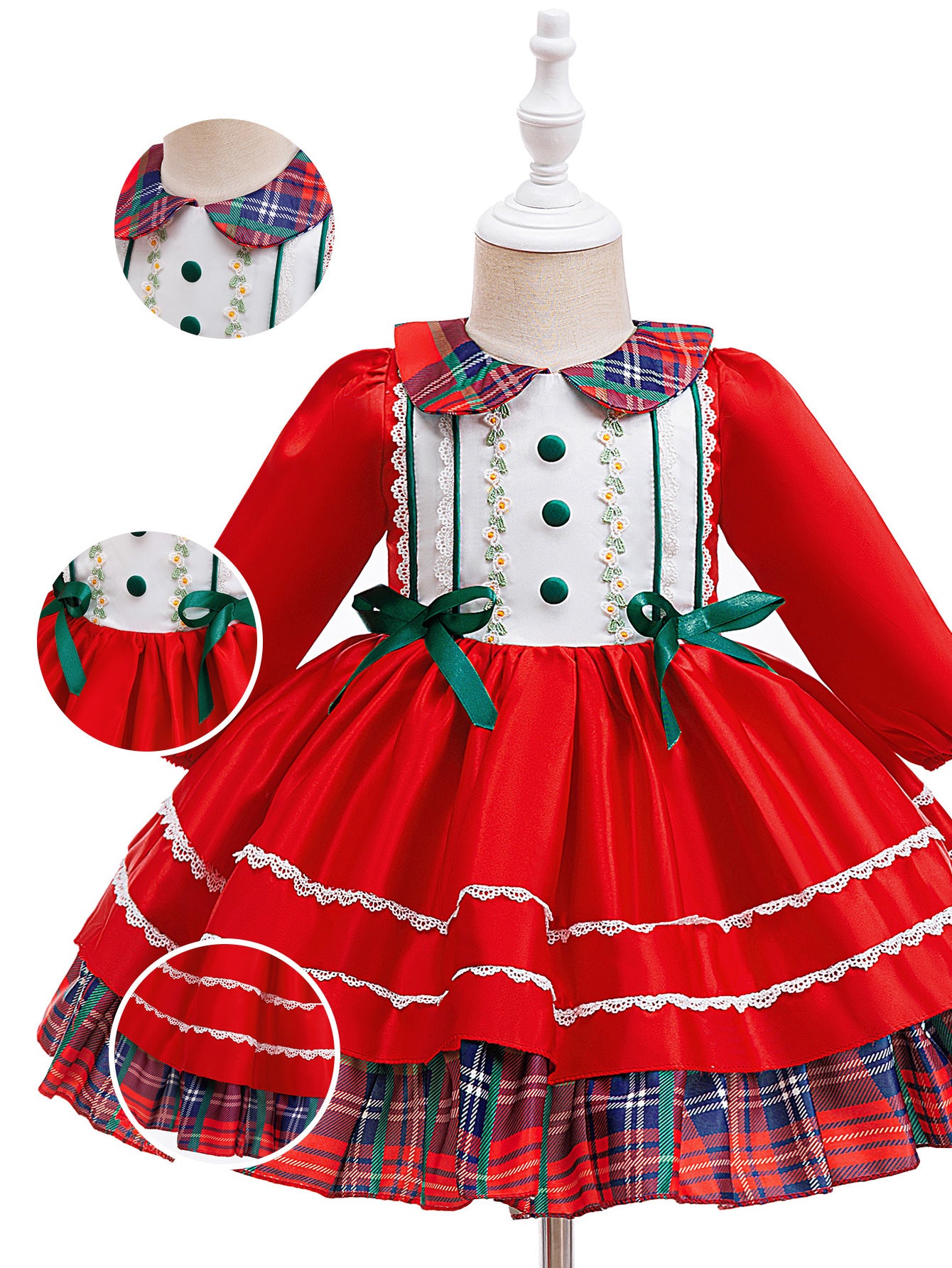 Girl Satin Dress for Baptism and Christmas with O-Neck Collar Print Featuring Bow Decoration