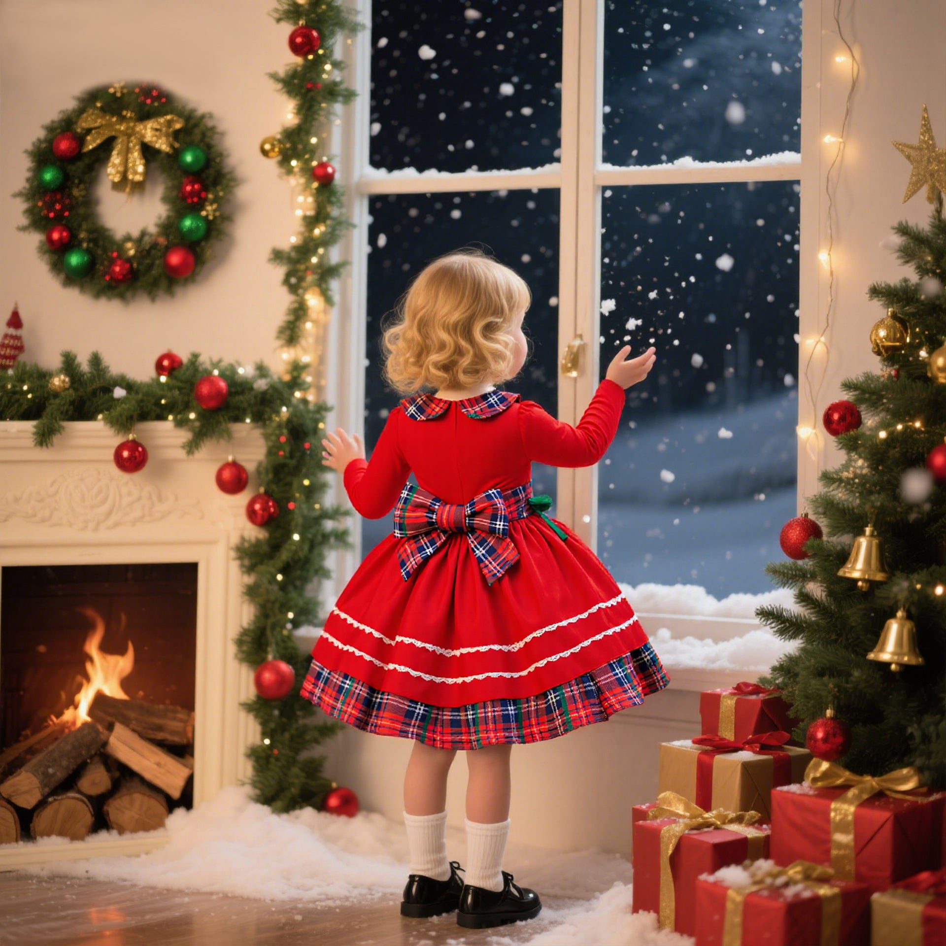 Girl Satin Dress for Baptism and Christmas with O-Neck Collar Print Featuring Bow Decoration